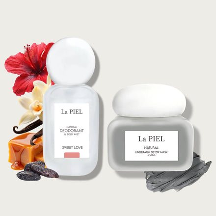 Product duo: La PIEL 'Sweet Love' Deodorant and Natural Underarm Detox Mask, with hibiscus, vanilla, and caramel.