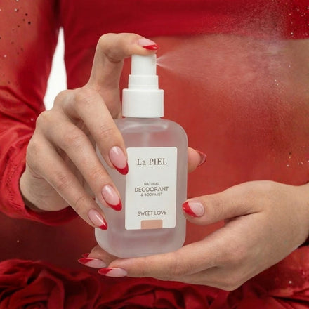 Close-up of hands with red-tipped French manicure spraying a fine mist of La PIEL 'SWEET LOVE' Natural Deodorant.