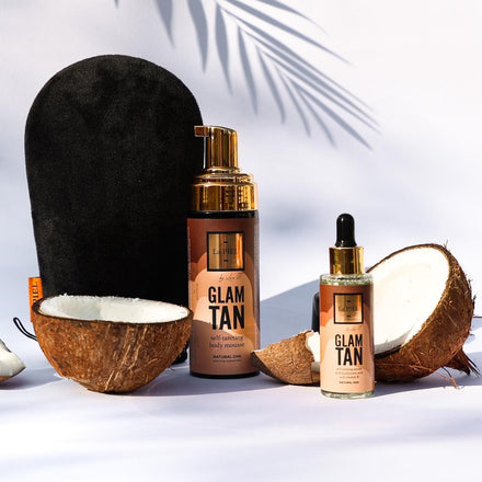 La PIEL Glam Tan Self Tanning Mousse Serum And Mitt Flat Lay