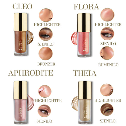 La PIEL Highlighter Oil Shades Cleo Flora Aphrodite Theia Swatches