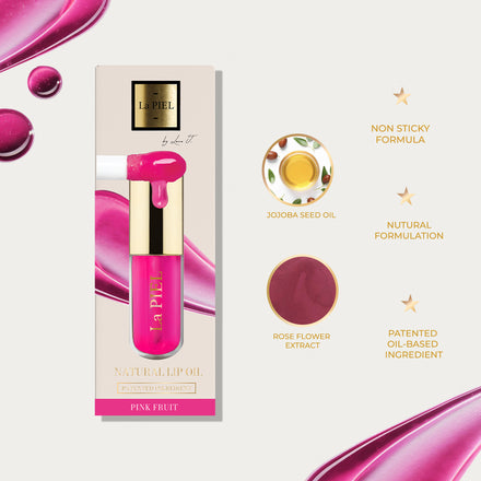 La PIEL Juicy Lips Pink Fruit Natural Lip Oil Benefits And Ingredients Card