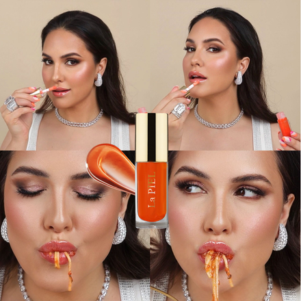 La PIEL Juicy Lips Red Orange Lip Oil Collage