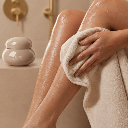 La PIEL Pentavitin Body Cream Application On Legs With Towel