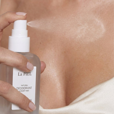 La PIEL Powder Skin Deodorant Applied To Chest Closeup